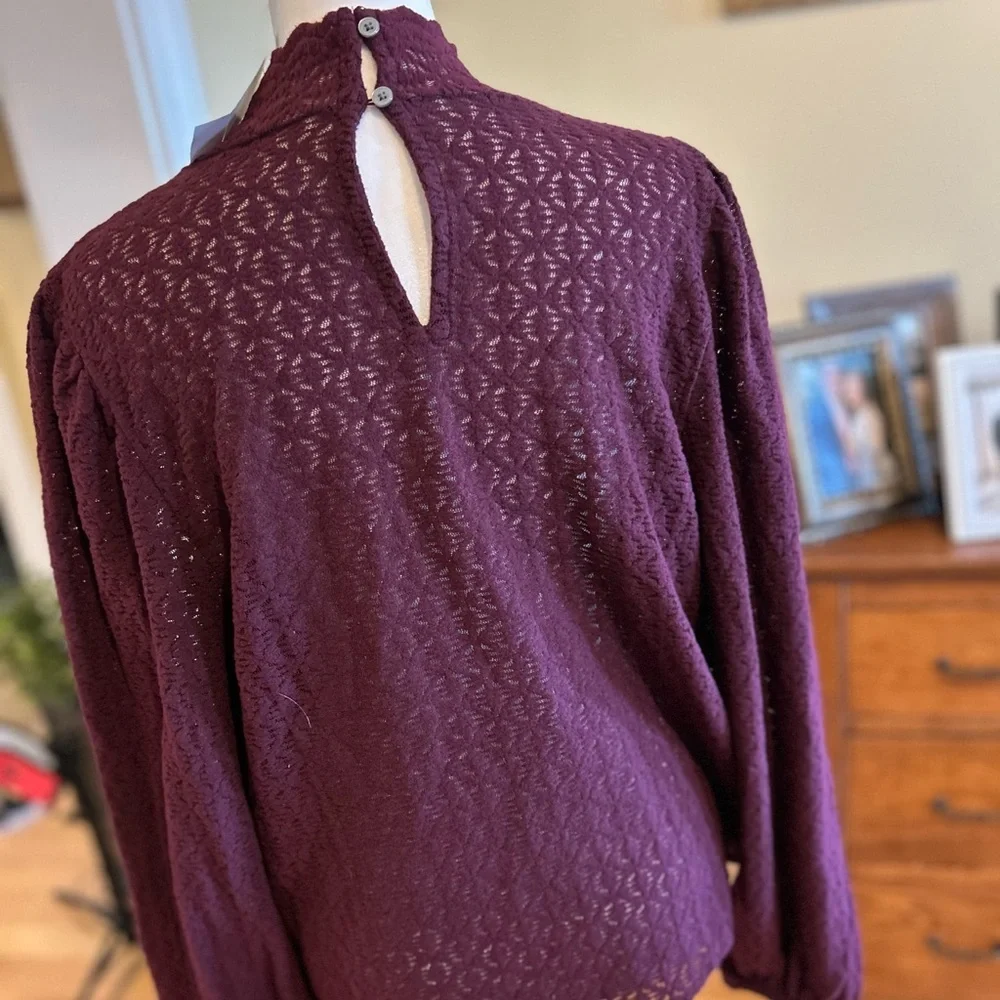 NWT Burgundy Eyelet Mock Neck Blouse Scallop Trim Long Sleeve Top